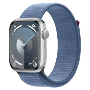 Brand New and refurbished Apple Watch series 9 GPS silver Aluminum case winter blue textile solo loop