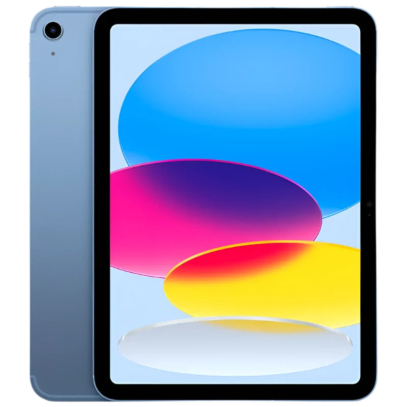 Apple iPad 10 Cellular in Blue, highlighting the front display and soft blue metallic finish on the back, along with the rear camera and cellular antenna