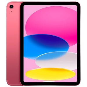 Apple iPad 10 Cellular in Pink, displaying its front screen and vibrant pink back, with rear camera and cellular antenna visible
