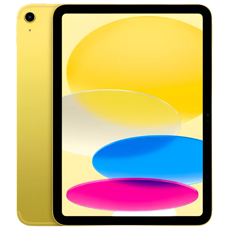 Apple iPad 10 Cellular in Yellow, featuring its front display and bright yellow back, showcasing the rear camera and cellular antenna
