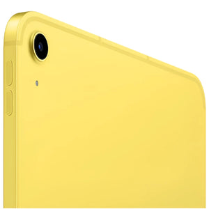 Apple iPad 10 Cellular in Yellow, displaying its smooth yellow metallic back, with the volume buttons visible on the side and the rear camera positioned at the top
