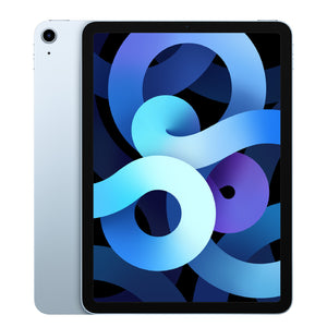 Apple iPad Air 4 Wi-Fi in Sky Blue, highlighting the front display and light blue back with a rear camera