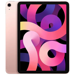 Apple iPad Air 4 Cellular in Rose Gold, displaying the front screen and elegant rose gold back with a rear camera