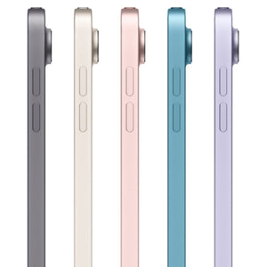 Apple iPad Air 5 Wi-Fi in Space Gray, Starlight, Pink, Purple, and Blue, featuring a sleek side view with volume buttons visible, highlighting the elegant design and smooth finish of each color option