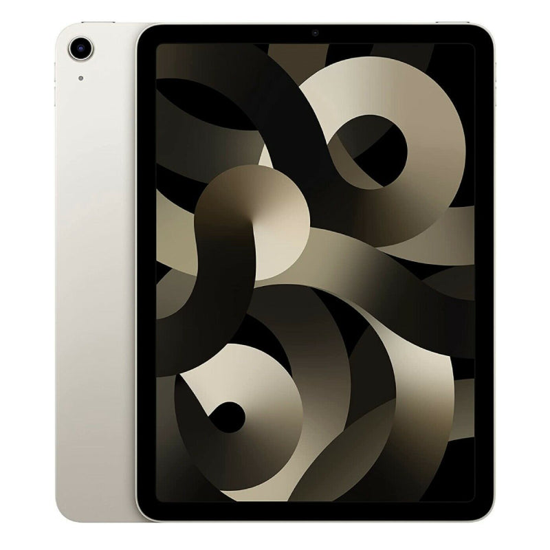 Apple iPad Air 5 Wi-Fi in Starlight, showcasing its bright front display and glossy soft gold back with a single rear camera