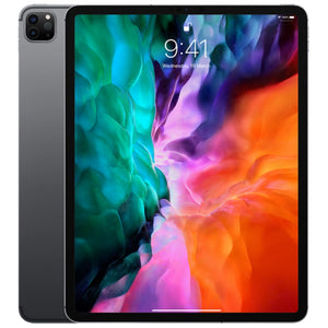 Apple iPad Pro 12.9-inch (4th generation) cellular model in Space Gray, front view showing edge-to-edge display and back view with dual-camera system
