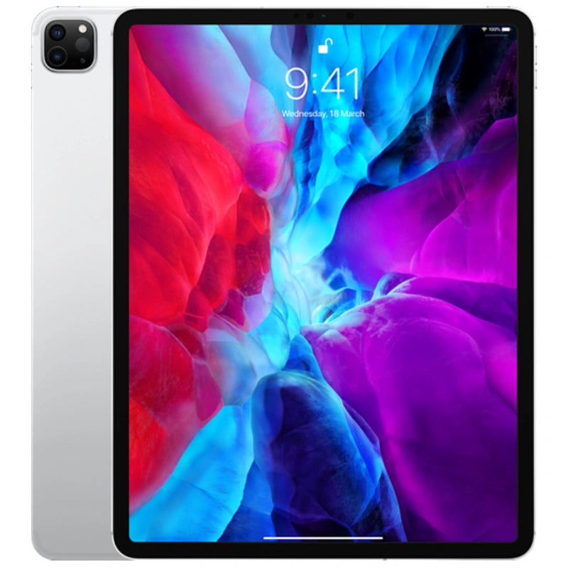 Apple iPad Pro 12.9-inch (4th generation) cellular model in Silver, front view showing edge-to-edge display and back view with dual-camera system