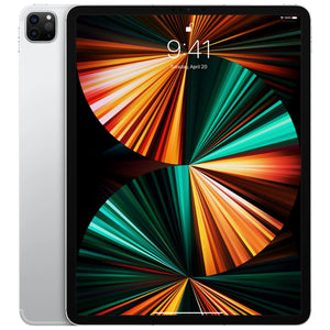 Apple iPad Pro 12.9-inch (5th generation) cellular model in Silver, front view showing edge-to-edge display and back view with dual-camera system