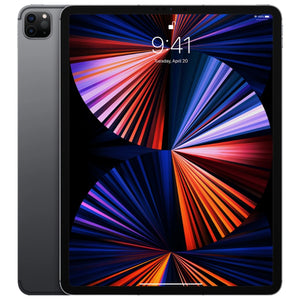 Apple iPad Pro 12.9-inch (5th generation) Wi-Fi model in Space Gray, front view showing edge-to-edge display and back view with dual-camera system