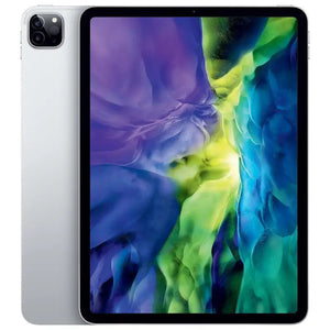 Apple iPad Pro 2nd gen 11-inch in Silver, showcasing the bright front display and smooth silver back with dual rear cameras