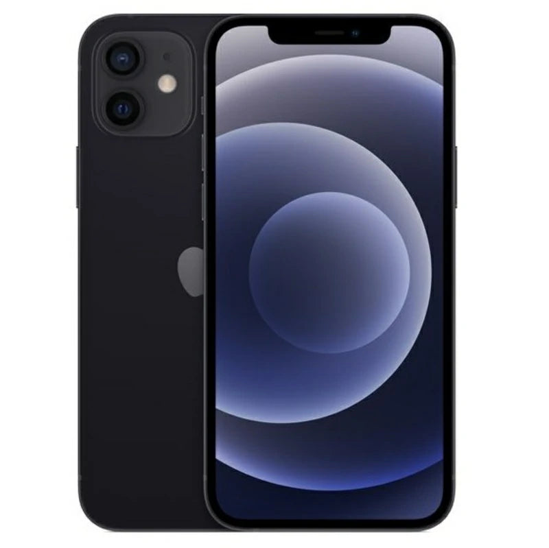 Apple iPhone 12 Mini in black, front with sleek display and top notch; back with dual camera and flash module