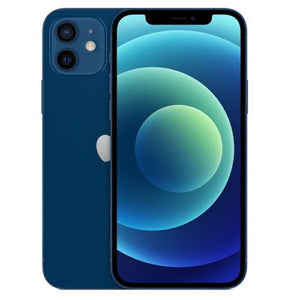 Apple iPhone 12 Mini in blue, front with sleek display and top notch; back with dual camera and flash module
