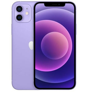 Apple iPhone 12 Mini in purple, front with sleek display and top notch; back with dual camera and flash module