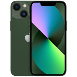 Apple iPhone 13 in Green color, showcasing the back with a dual-camera setup and a glossy finish, alongside the front display with Super Retina XDR screen