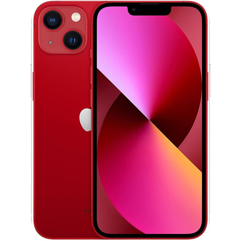 Apple iPhone 13 in Red color, showcasing the back with a dual-camera setup and a glossy finish, alongside the front display with Super Retina XDR screen