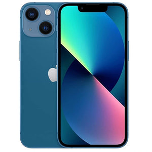 Apple iPhone 13 mini in Blue color, showcasing the back with a dual-camera setup and a glossy finish, alongside the front display with Super Retina XDR screen