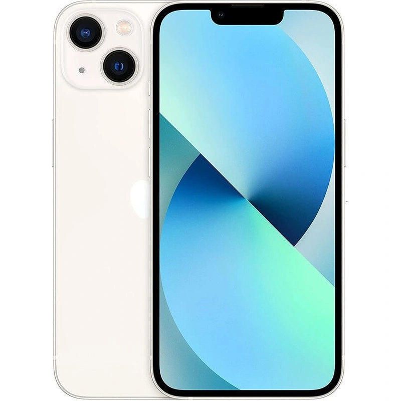 Apple iPhone 13 mini in Starlight color, showcasing the back with a dual-camera setup and a glossy finish, alongside the front display with Super Retina XDR screen