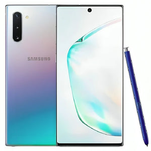 Samsung Galaxy S10 Plus in Aura Glow, showcasing its front display and back with triple cameras, reflecting a vibrant iridescent finish that changes color in different lighting, alongside a standing matching S Pen