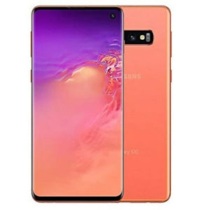 Samsung Galaxy S10 in Flamingo Pink, with its front display and triple-camera setup on the back, in a vibrant pink tone