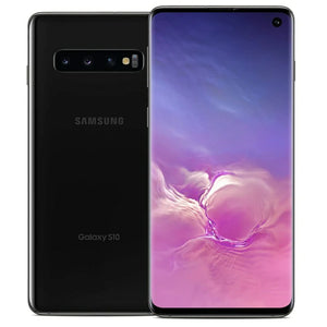 Samsung Galaxy S10 in Prism Black, showing its front display and back with triple cameras, in a sleek black tone
