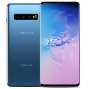 Samsung Galaxy S10 in Prism Blue, highlighting its front display and back with triple-camera system, in a glossy blue finish
