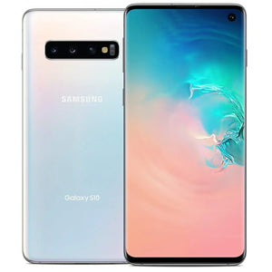 Samsung Galaxy S10 in Prism White, displaying its front screen and back with triple cameras, in a glossy white finish