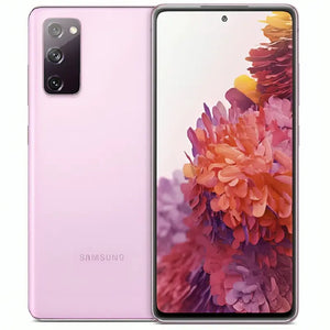 Samsung Galaxy S20 FE in Cloud Lavender, highlighting its large front display and back with triple cameras, with a soft, pastel purple finish