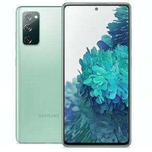 Samsung Galaxy S20 FE in Cloud Mint, featuring the front display and the back with a triple-camera system, offering a fresh mint green tone