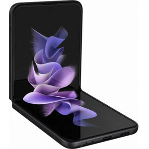 Samsung Galaxy Z Flip 3 in Phantom Black, showcasing its front display, folding back with dual cameras, and small back screen
