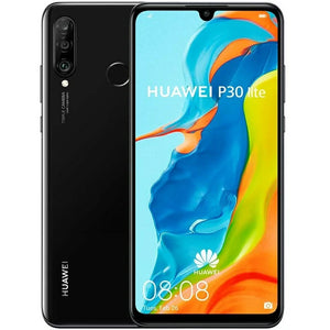 Huawei P30 Lite in black, showcasing its front display and sleek back design with a triple camera setup