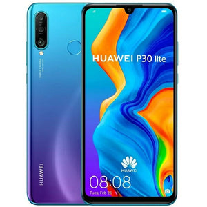 Huawei P30 Lite in blue, highlighting the vibrant front display and stylish back design with a triple camera arrangement
