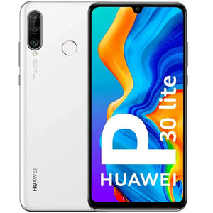 Huawei P30 Lite in Pearl White, displaying its stunning front screen and refined back design with a triple camera layout