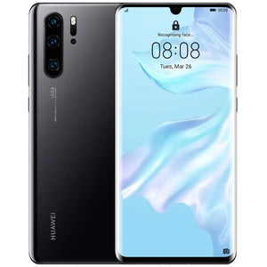 Huawei P30 Pro in black, showcasing the front display and back with its quad-camera system