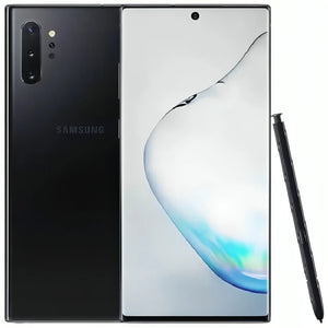 Samsung Galaxy S10 Plus in Aura Black, showcasing its front screen and back with triple cameras, with a standing black S Pen beside it