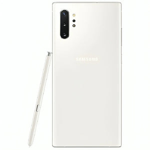 Samsung Galaxy S10 Plus in Aura White, back with triple-camera setup, alongside a standing white S Pen