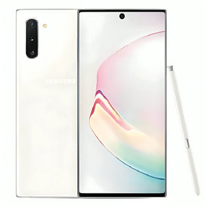 Samsung Galaxy S10 Plus in Prism White, featuring its front display and back with triple-camera setup, alongside a standing white S Pen