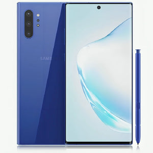 Samsung Galaxy S10 Plus in Aura Blue, highlighting its front display and back with triple-camera system, accompanied by a standing blue S Pen