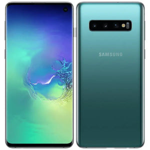 Samsung Galaxy S10 in Prism Green, showcasing its front display and back with triple cameras, featuring a vibrant green finish