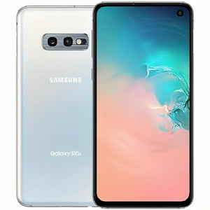 Samsung Galaxy S10e in Prism White, showcasing the front display and back with dual cameras, featuring a sleek and glossy white finish