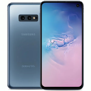 Samsung Galaxy S10e in Prism Blue, highlighting the front display and dual-camera system on the back, with a glossy blue finish