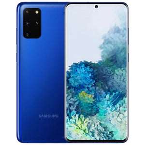 Samsung Galaxy S20 Plus in Aura Blue, showcasing the front display and the back with its triple-camera system, featuring a vibrant and glossy blue finish for a striking look