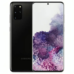 Samsung Galaxy S20 Plus in Cosmic Black, showcasing its front display and back with a triple-camera setup, offering a sleek, glossy finish