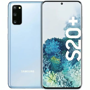 Samsung Galaxy S20 Plus in Cloud Blue, highlighting the large display and back with a triple-camera setup, finished with a soft, matte texture