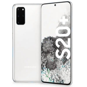 Samsung Galaxy S20 Plus in Cloud White, presenting the front display and the triple-camera system on the back, with a clean, bright finish