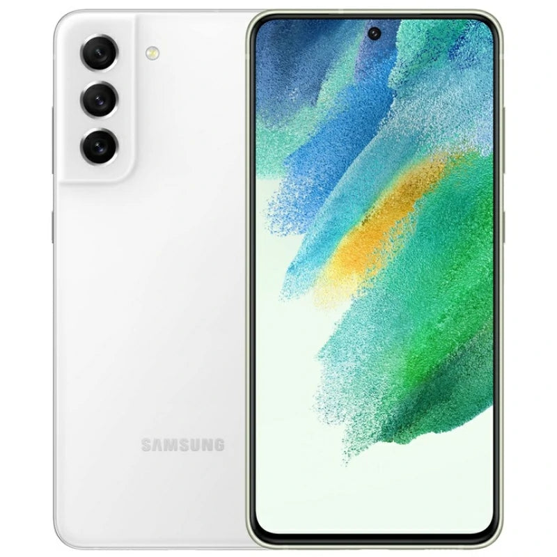 Samsung Galaxy S21 FE in White, presenting the front AMOLED display with minimal borders and the back showcasing its triple-camera configuration