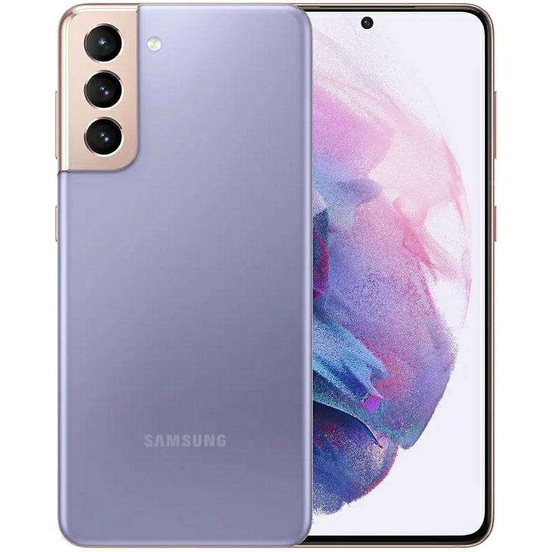 Samsung Galaxy S21 in Phantom Violet, showcasing the front display with minimal bezels and the back view featuring the triple-camera setup, along with the sleek, glossy design