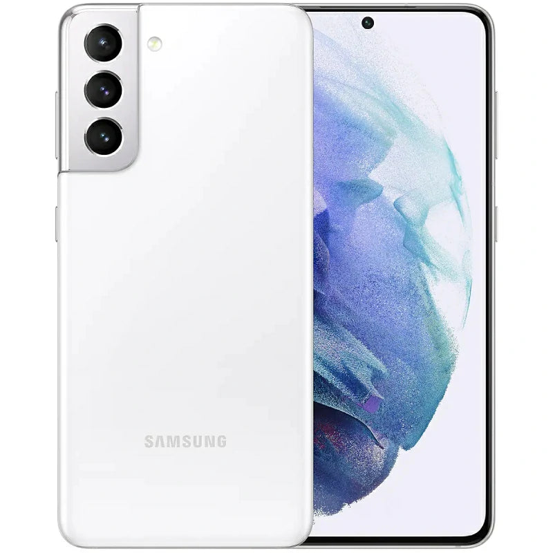 Samsung Galaxy S21 in Phantom White, showcasing the front display with minimal bezels and the back view featuring the triple-camera setup, along with the sleek, glossy design