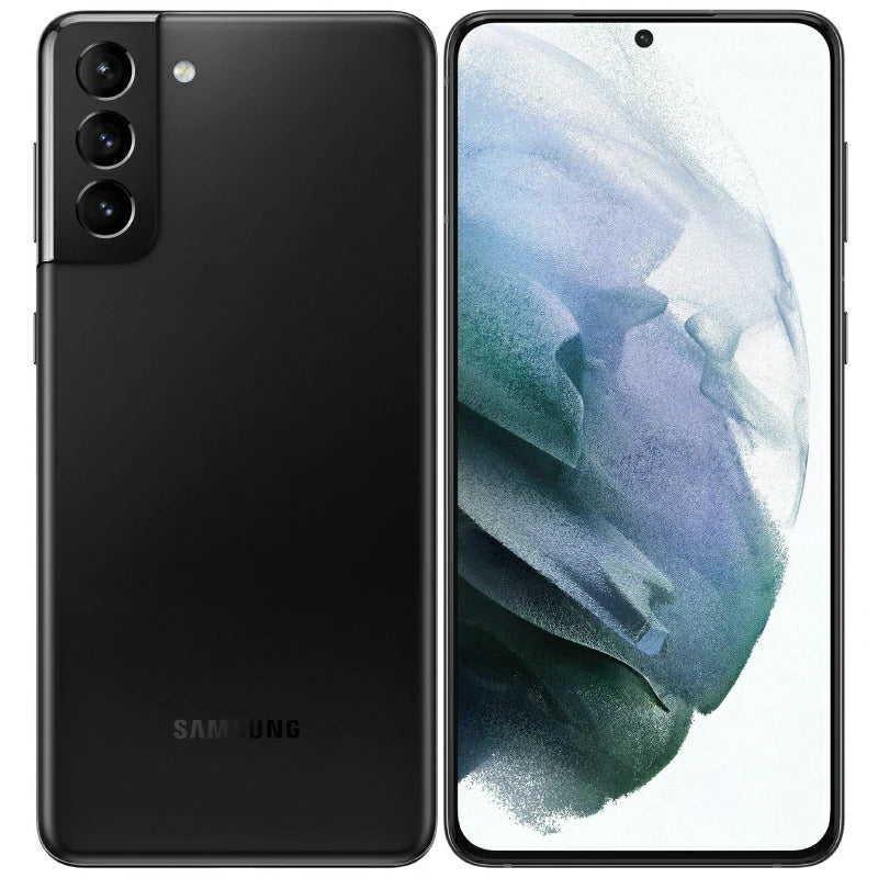 Samsung Galaxy S21 Plus in Phantom Black, highlighting the large front display with thin bezels and the back view with a prominent triple-camera arrangement