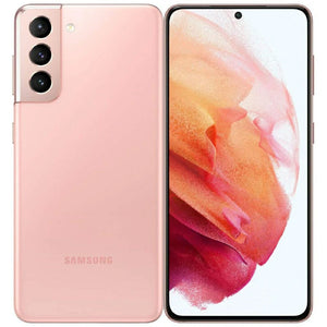 Samsung Galaxy S21 Plus in Phantom Pink, highlighting the large front display with thin bezels and the back view with a prominent triple-camera arrangement