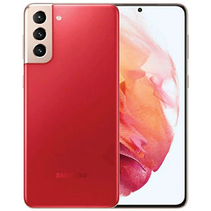 Samsung Galaxy S21 Plus in Phantom Red, highlighting the large front display with thin bezels and the back view with a prominent triple-camera arrangement